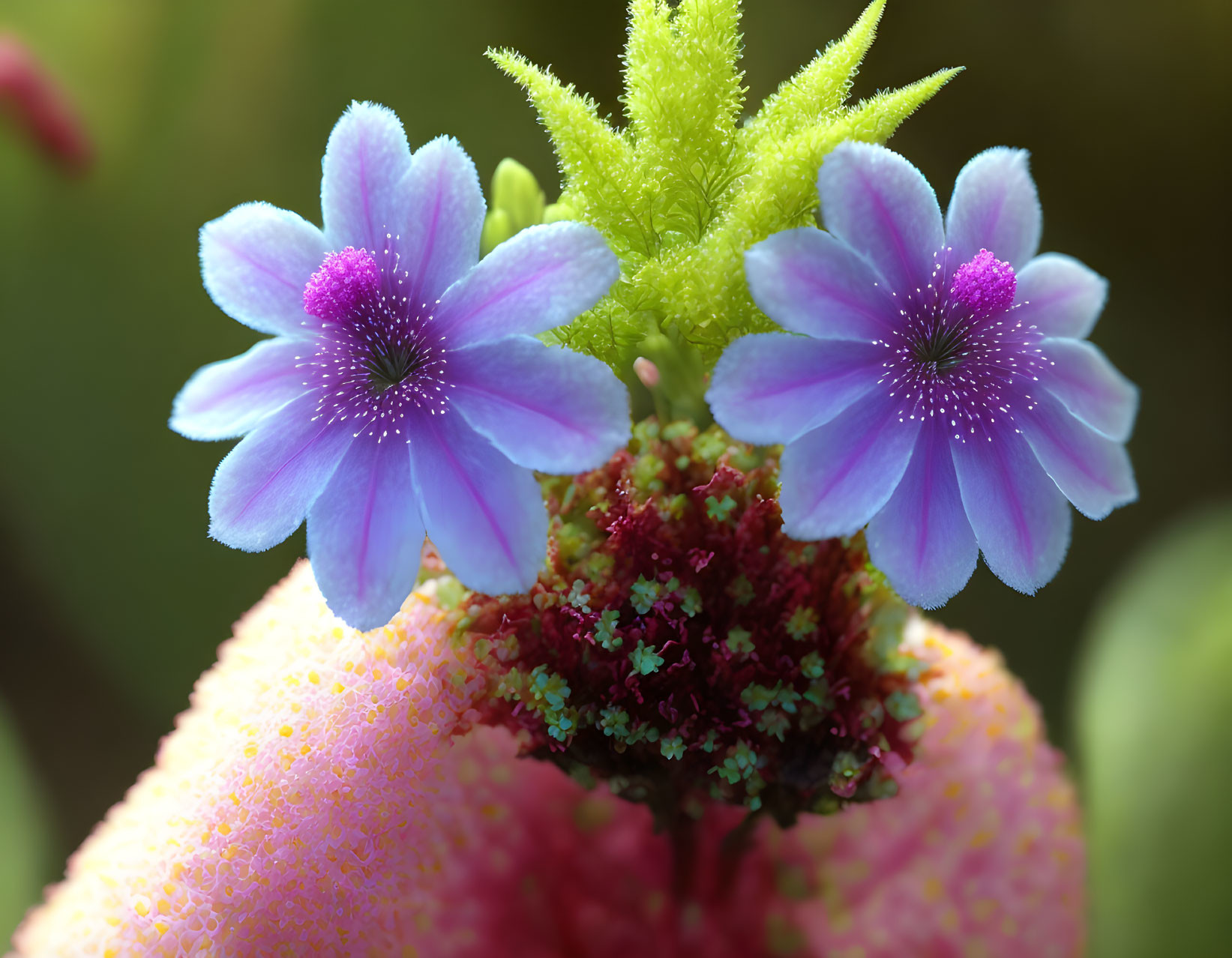 Three purple flowers with white speckles and yellow centers on textured plant