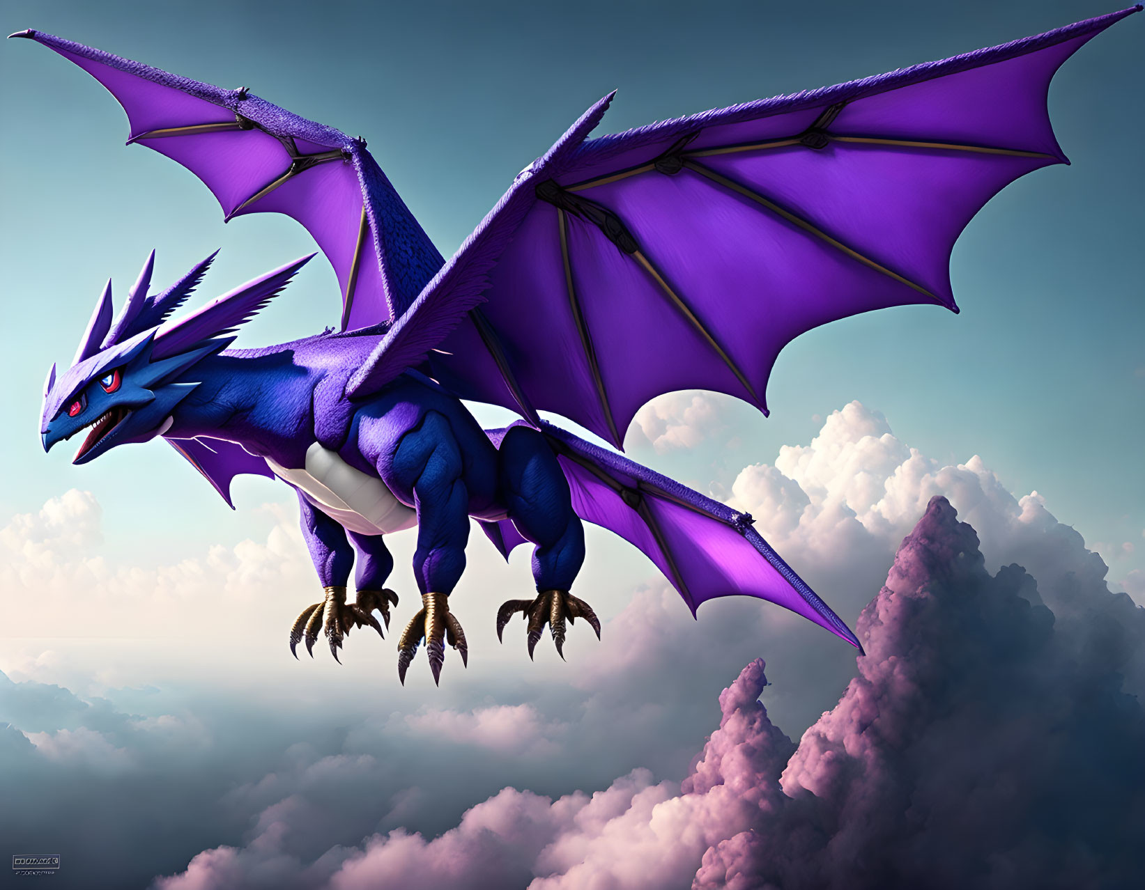 Purple dragon flying above clouds in blue sky with moon in sight