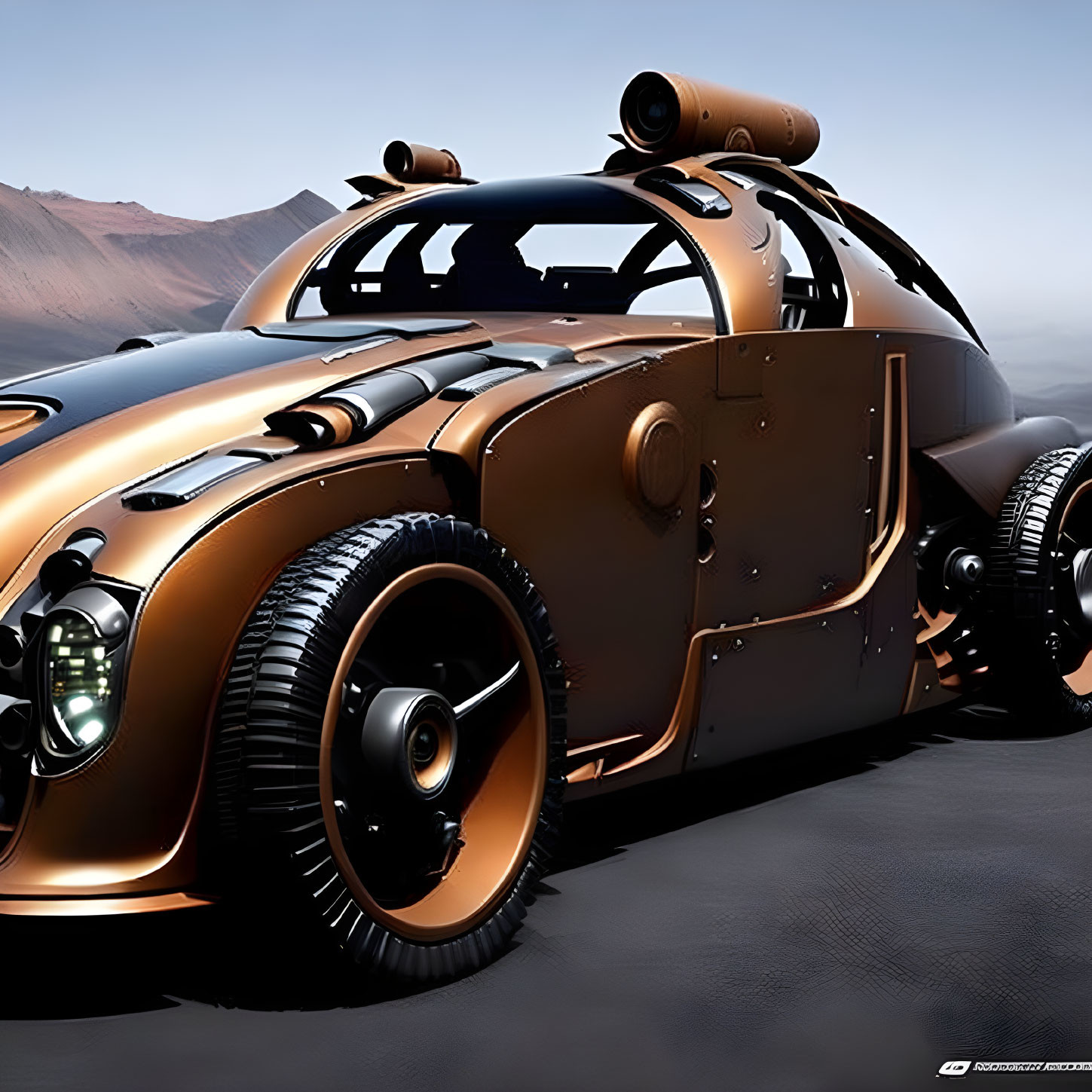 Futuristic steampunk-style car in desert setting