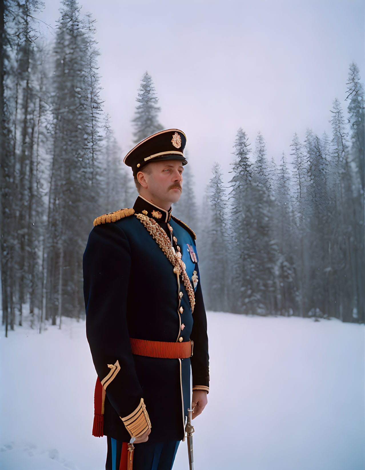 Decorated military uniform with epaulettes and medals in snowy forest