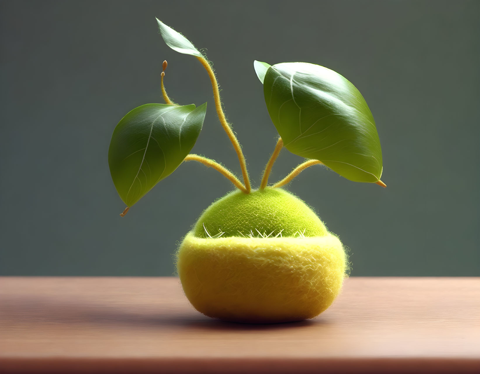 Composite image of tennis ball with plant sprouts on wooden surface