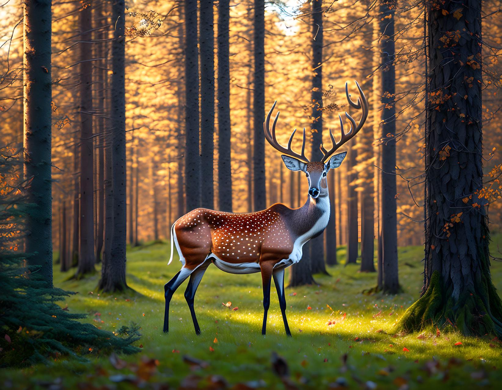 Majestic deer with impressive antlers in sunlit forest