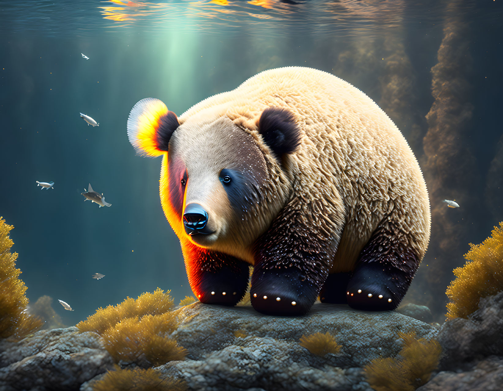 Colorful digital artwork: Bear with gradient fur near water and fish