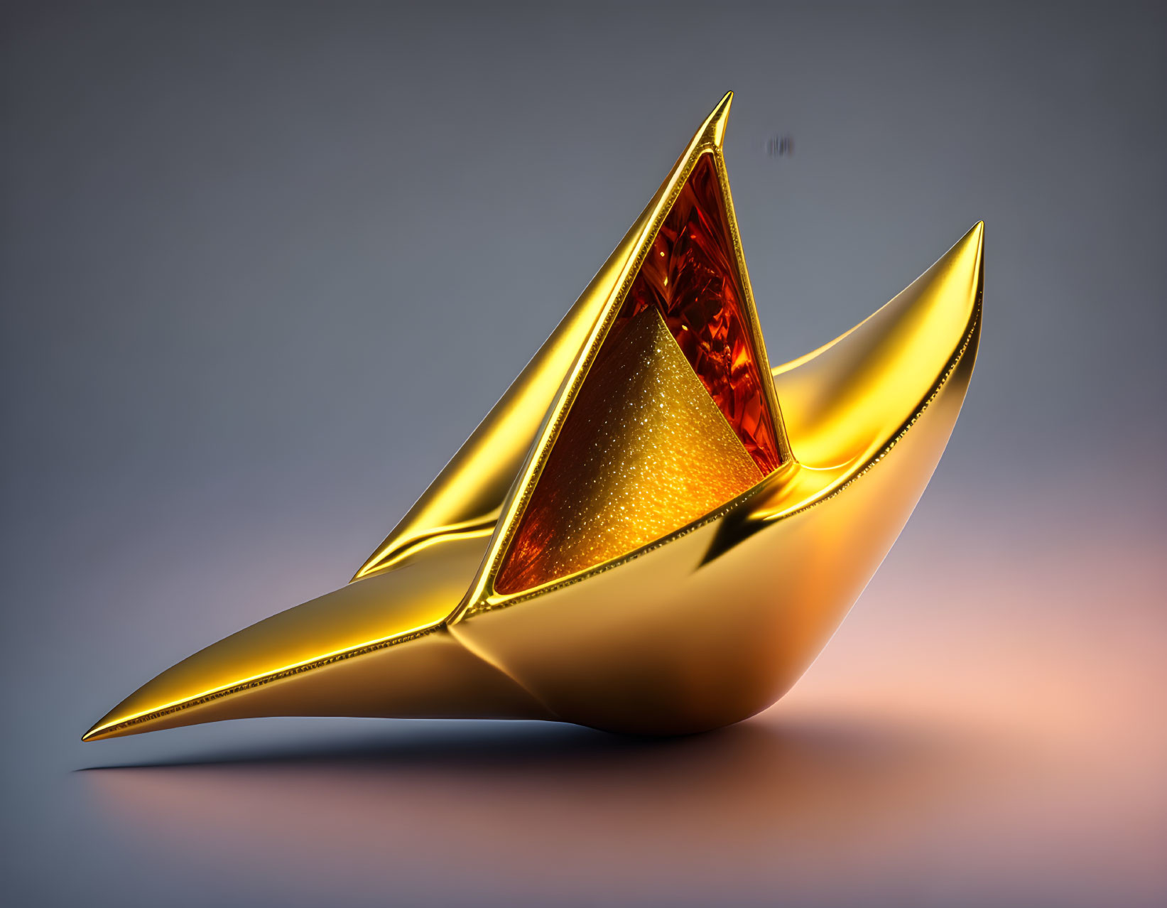 Golden origami-style boat with red gem-like sail on gradient background