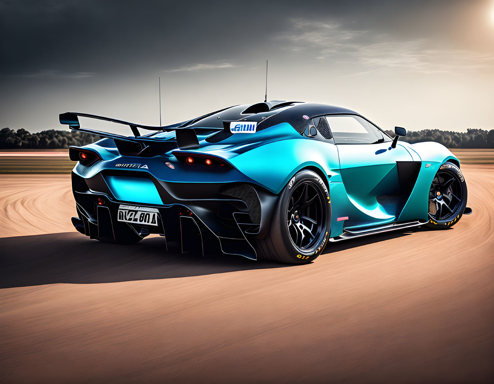 Blue and Teal Sports Car with Black Accents and Rear Spoiler on Airstrip at D