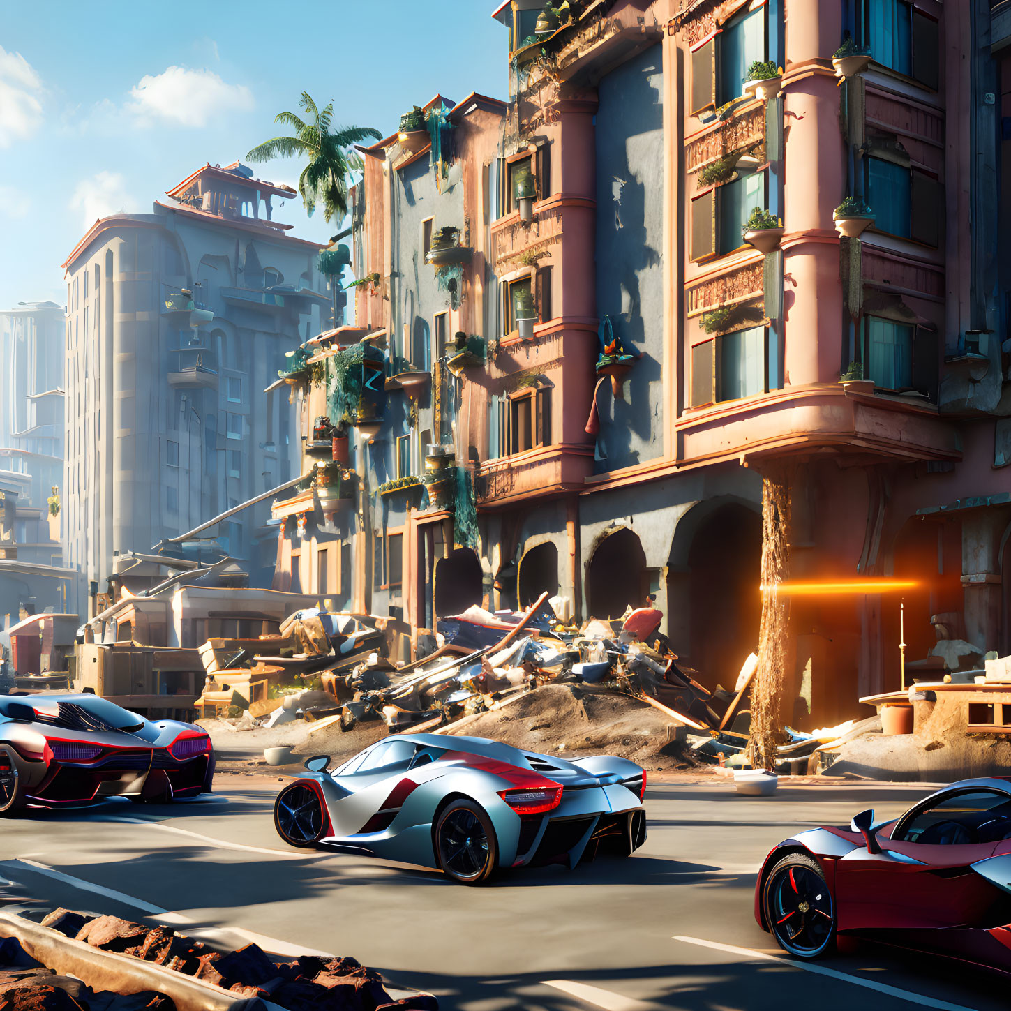 Modern sports cars in urban street scene with dilapidated buildings and blue sky