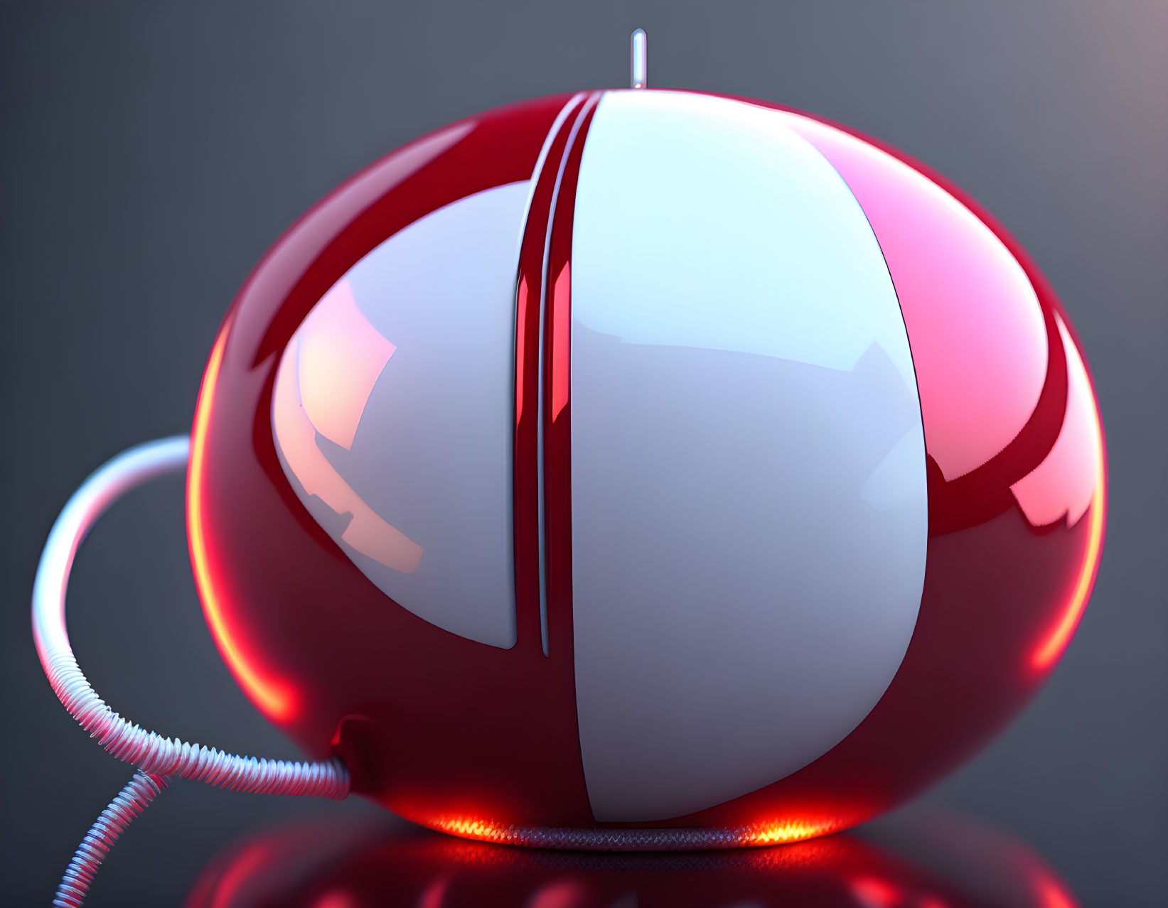 Red and White Glossy Spherical Computer Mouse with Cord on Dark Background