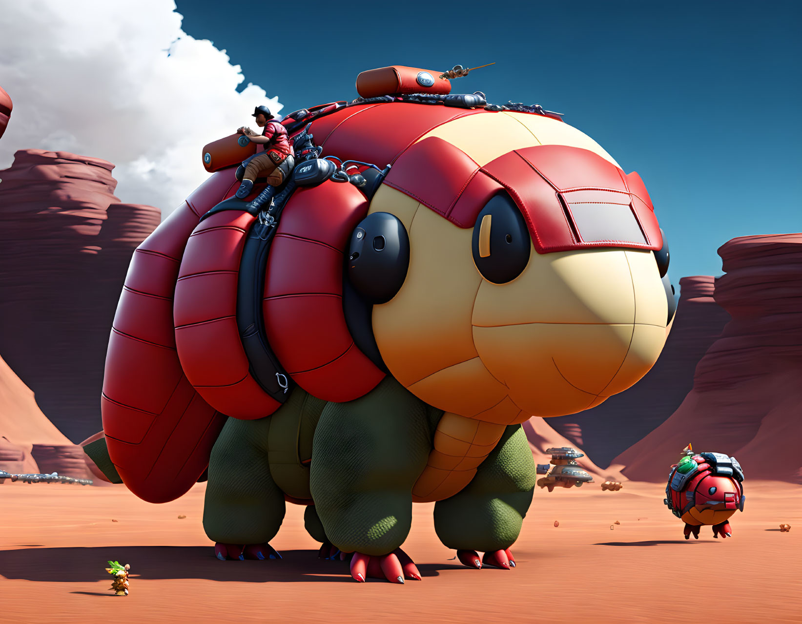 Giant animated turtle with red shell in desert with small character and items carried on back.