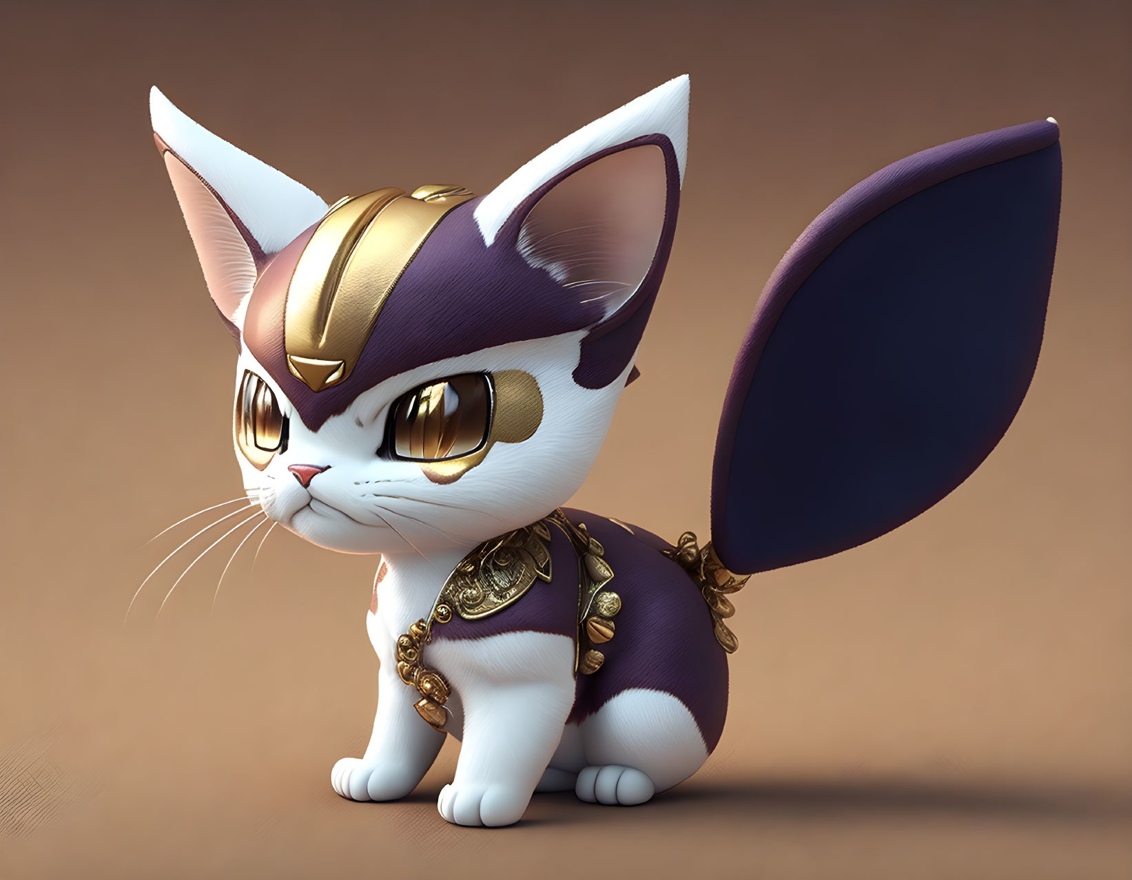 Anthropomorphic kitten in golden armor with purple coat