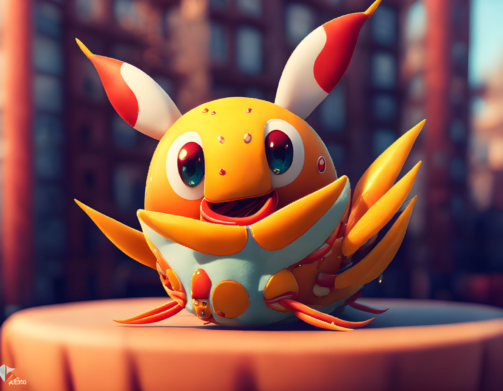 Stylized 3D-rendered cute orange creature with large eyes and bunny-like ears