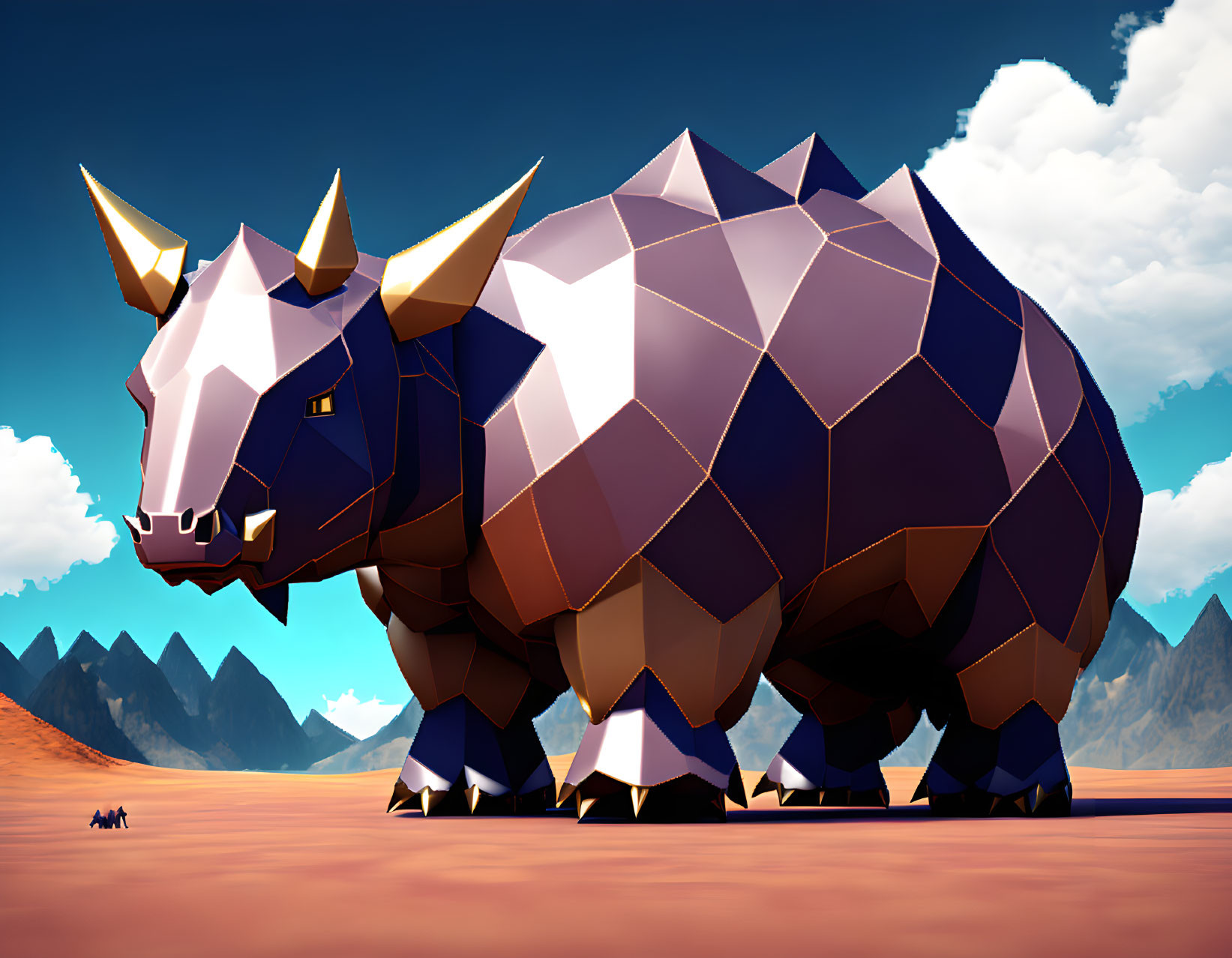 Rhinoceros in desert landscape with low-poly art style