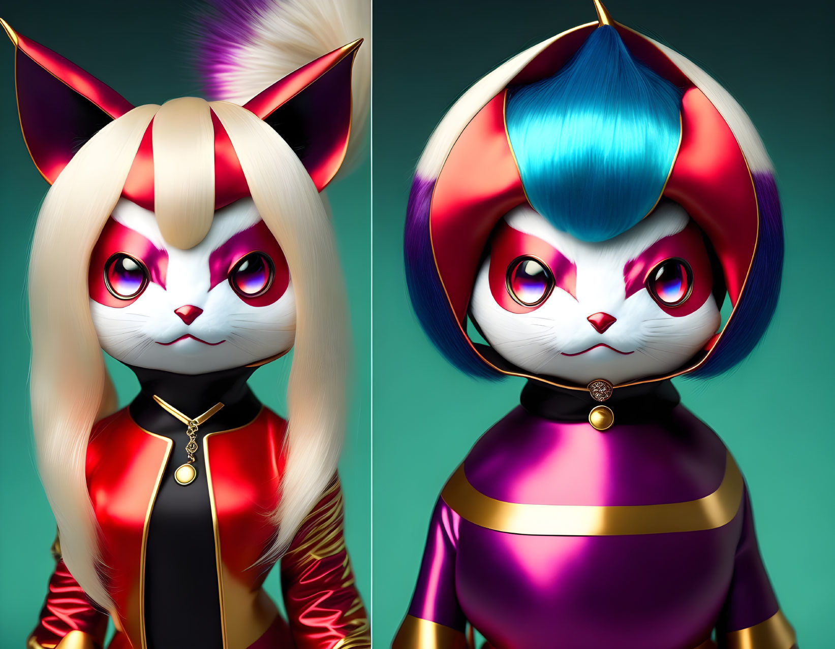 Stylized anthropomorphic feline characters with striking eyes against teal background