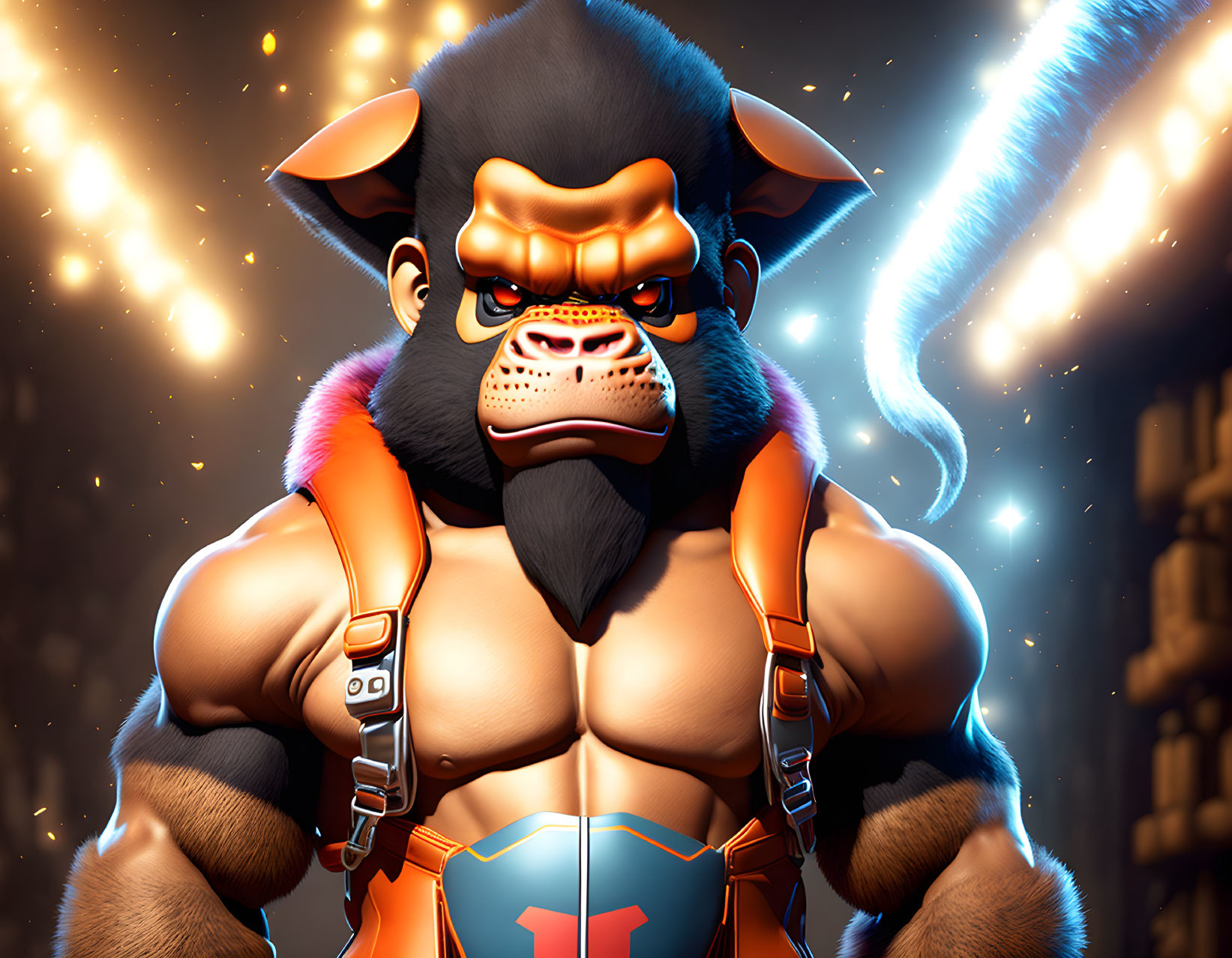 Muscular animated gorilla in orange harness with dynamic lighting.