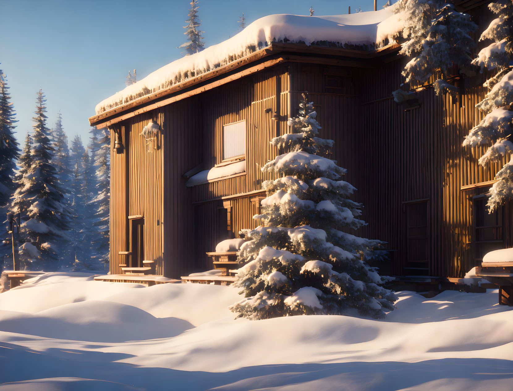 Snow-covered pine trees surround cozy wooden cabin at sunrise or sunset