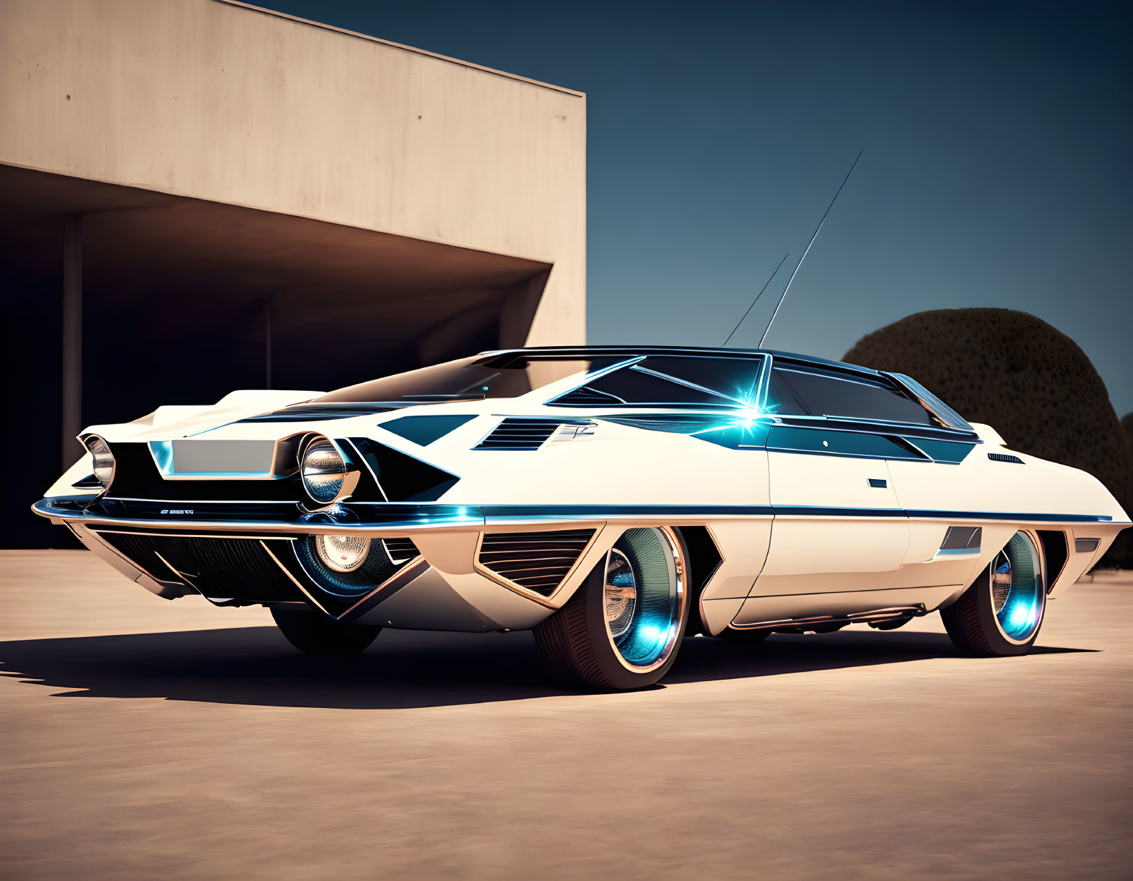 Futuristic white car with blue illuminated wheels parked in front of minimalist building