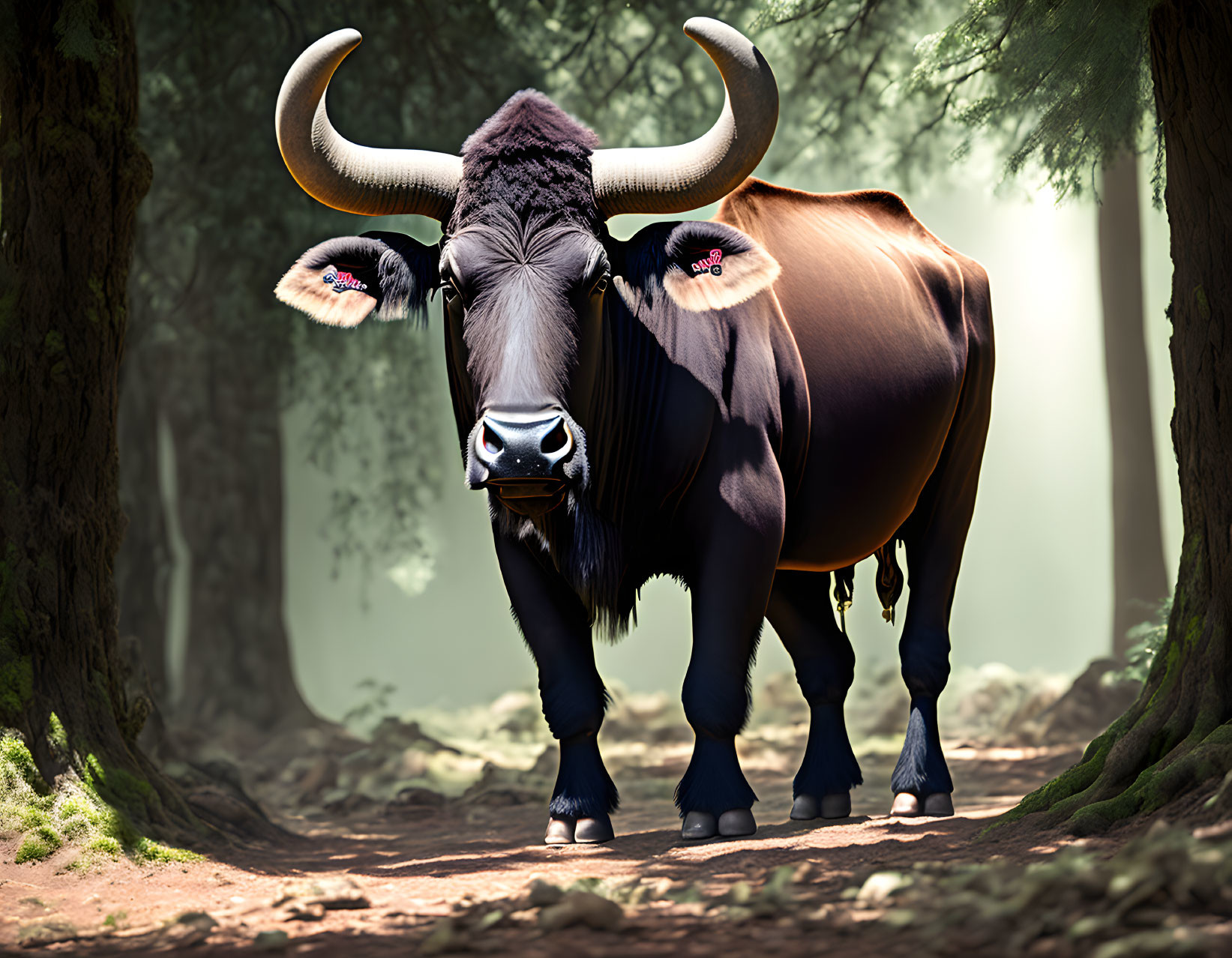 Muscular bull with white horns in misty forest setting