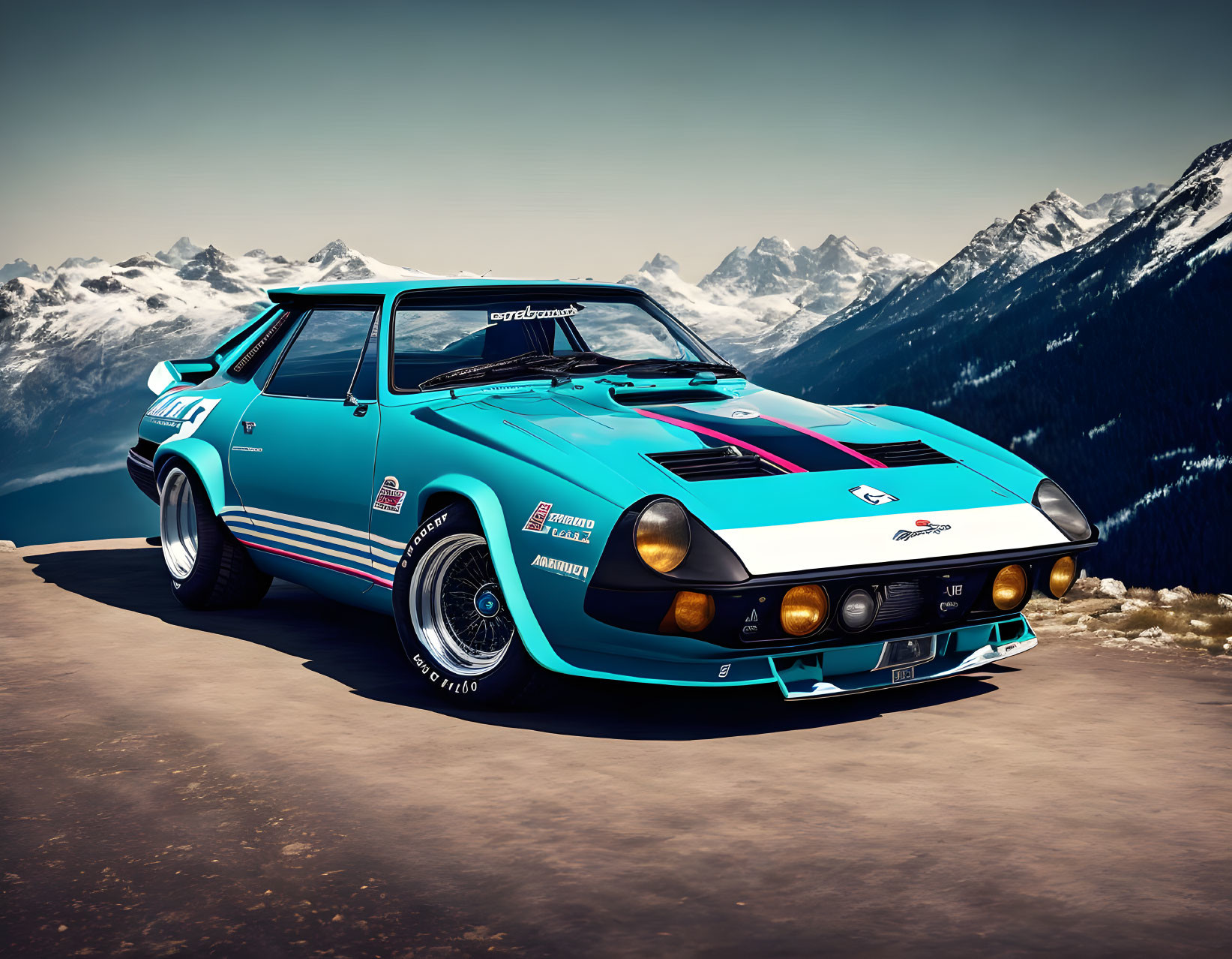 Vintage Blue Sports Car with Racing Stripes on Snowy Mountain Overlook