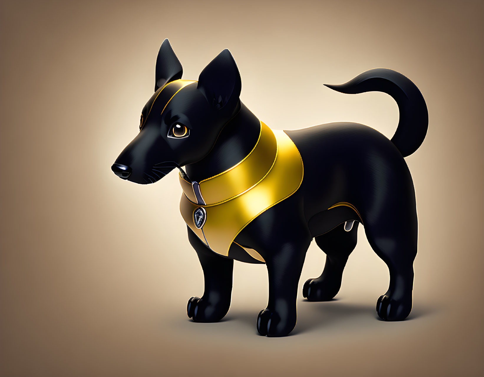 Glossy Black Dog with Yellow Harness and Bright Tag