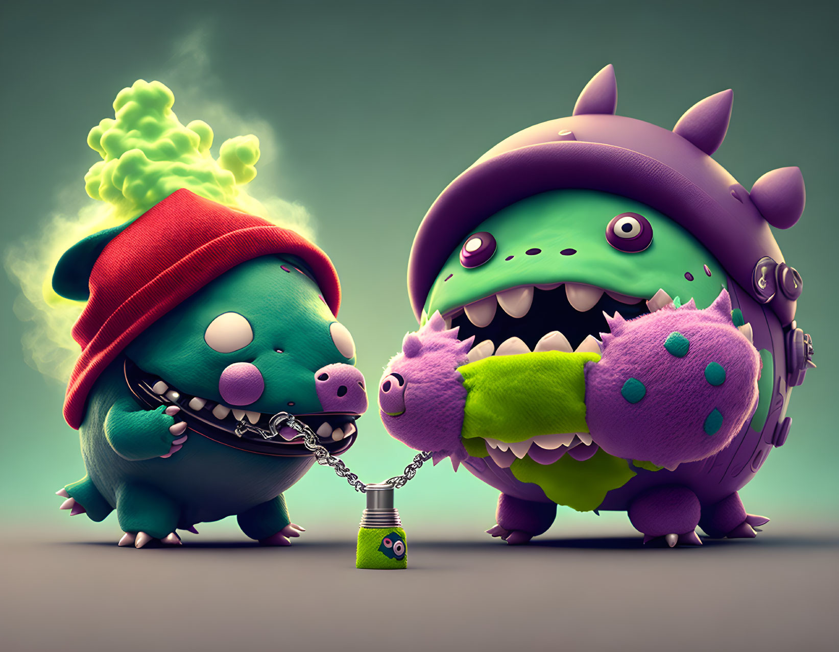 Cartoon-style monsters with red beanie and spiked arm connected by chain to tiny can