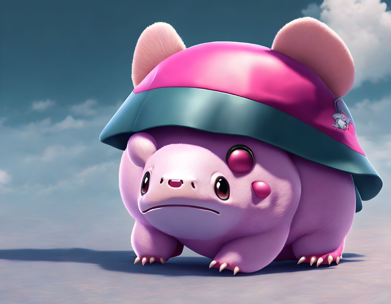 Pink chubby mouse creature under blue and pink shell with sad expression