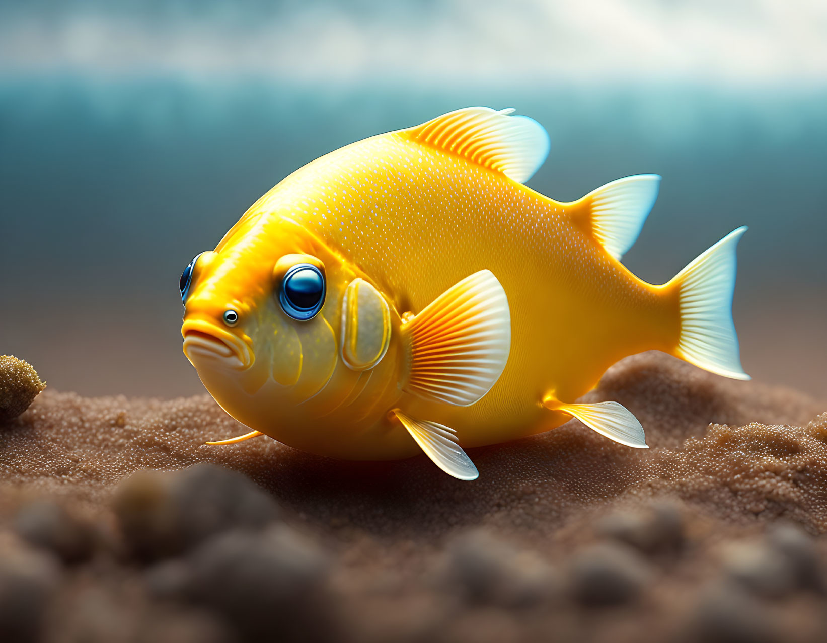 Colorful yellow fish with blue eyes and white-edged fins on sandy seabed