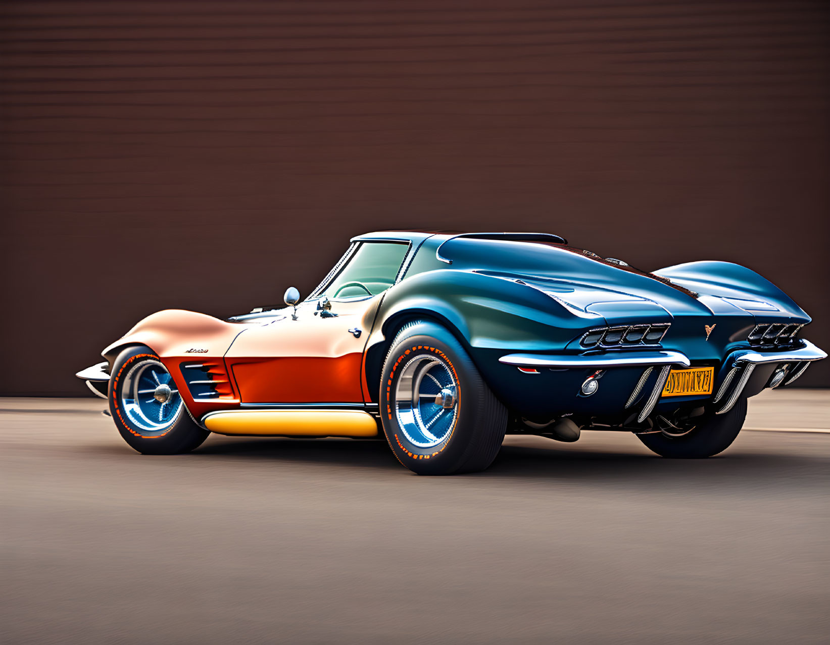 Custom-painted classic Corvette with blue, orange, and yellow hues