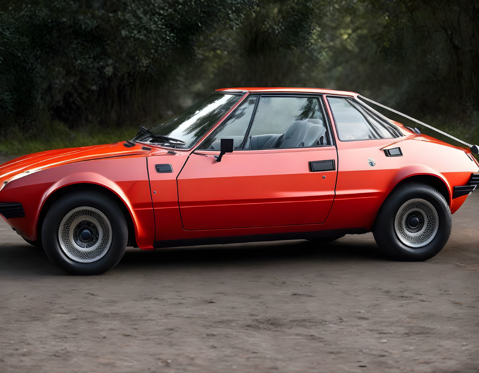 Red Sports Car with Pop-Up Headlights and Black Trim Parked on Tree-Lined Road