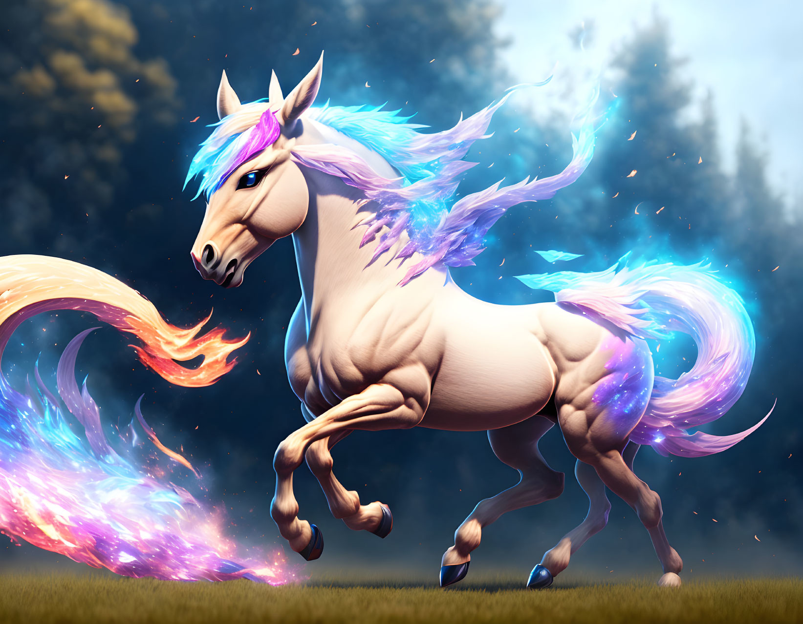 Animated horse with blue and purple mane and tail in ethereal flames