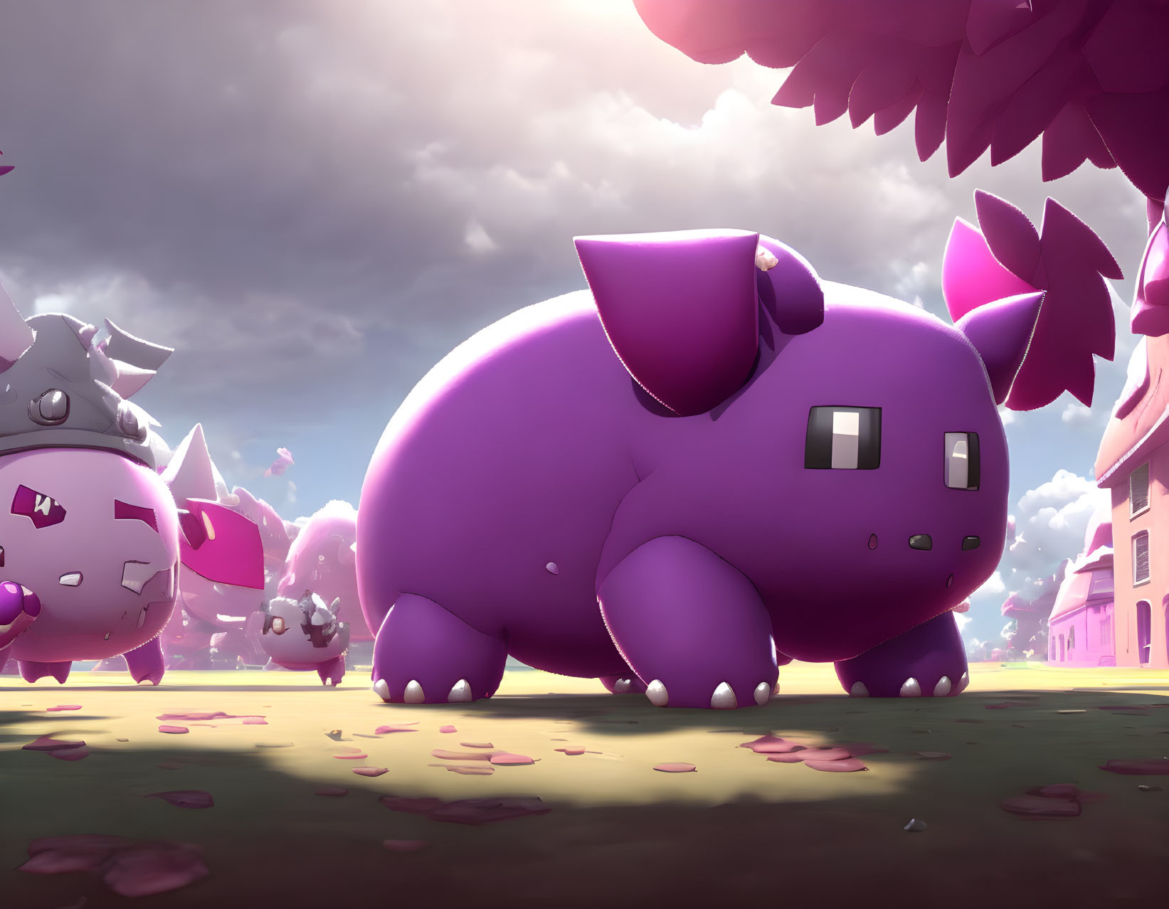 Cartoonish pig-like creatures with small wings in dreamy sunset landscape