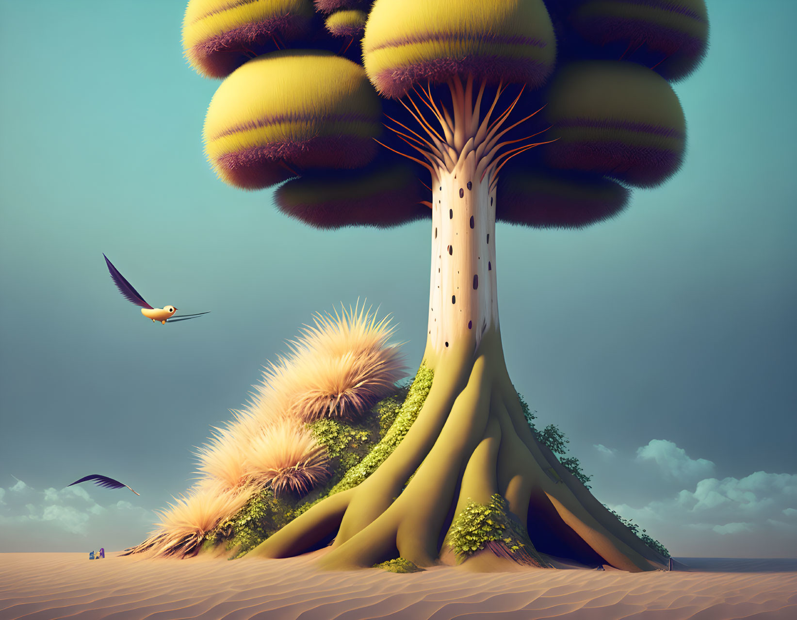 Surreal landscape with giant tree, fluffy yellow pods, birds, and small figure