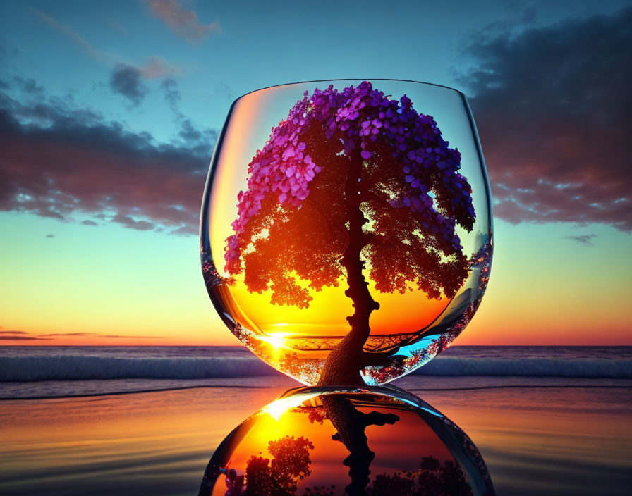 Symmetrical sunset reflection on glass surface with tree