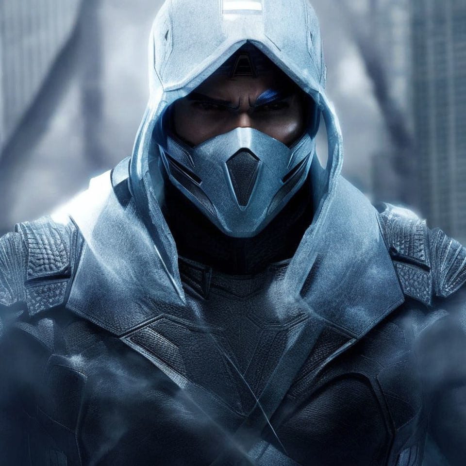 Futuristic armored suit and mask with hood on blurred background