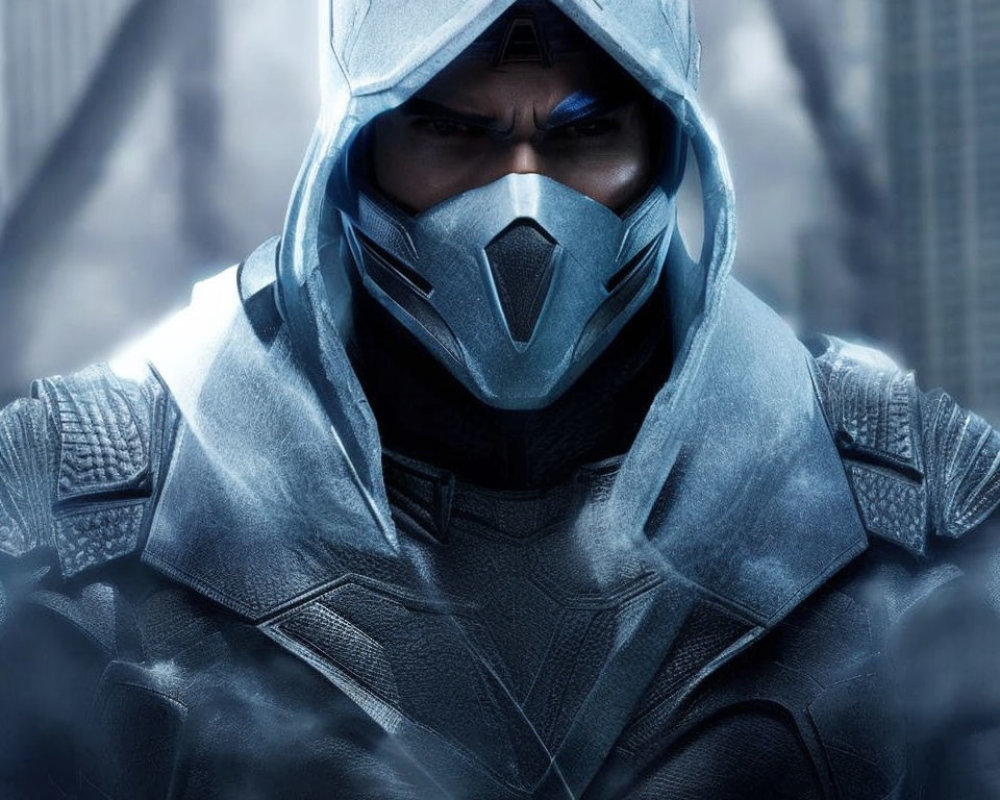 Futuristic armored suit and mask with hood on blurred background