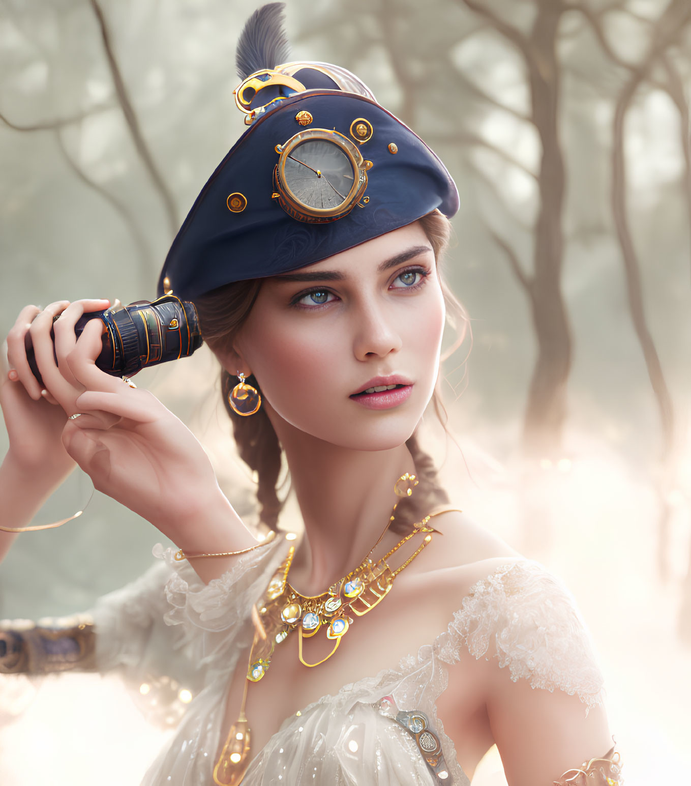 Woman in naval captain's hat with telescope and ornate jewelry in misty backdrop