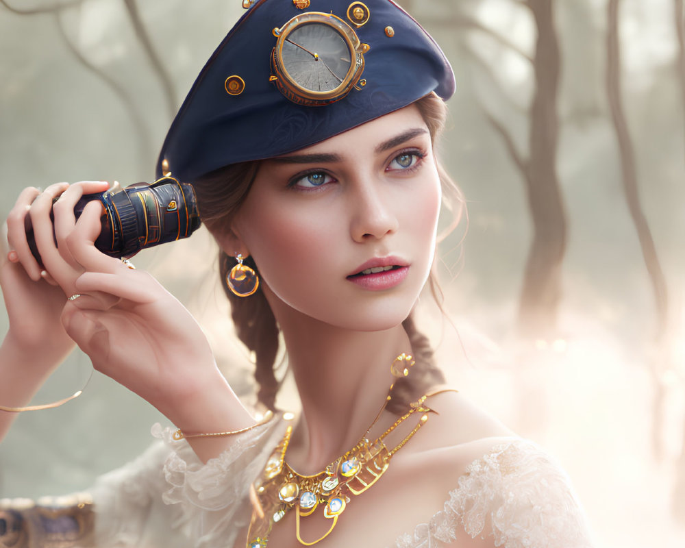 Woman in naval captain's hat with telescope and ornate jewelry in misty backdrop