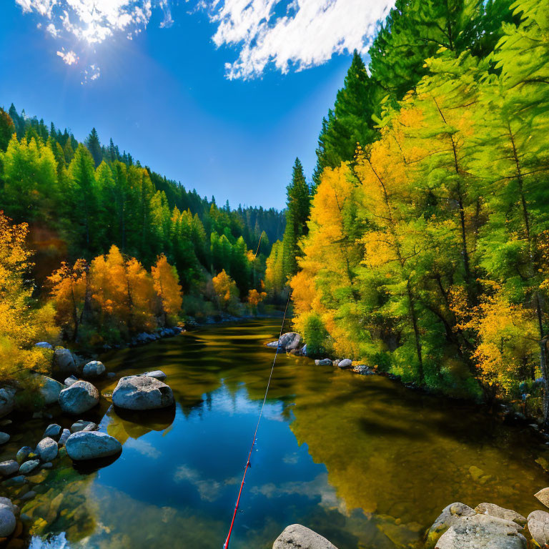 Tranquil river in vibrant autumn forest with blue sky and changing leaf colors