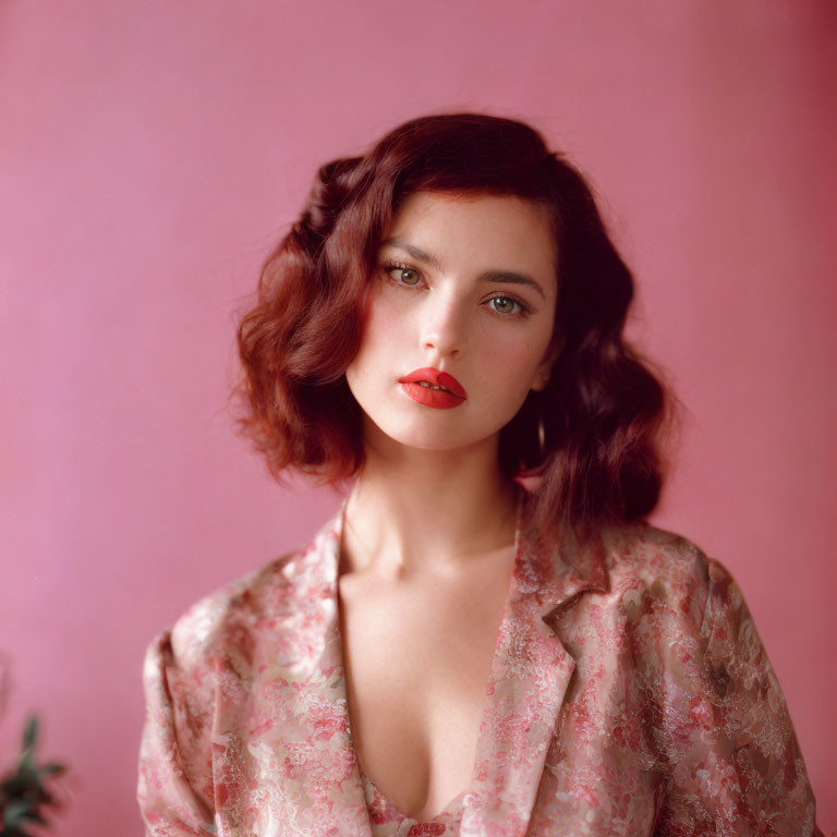 Woman with Short Wavy Brown Hair in Floral Garment on Pink Background