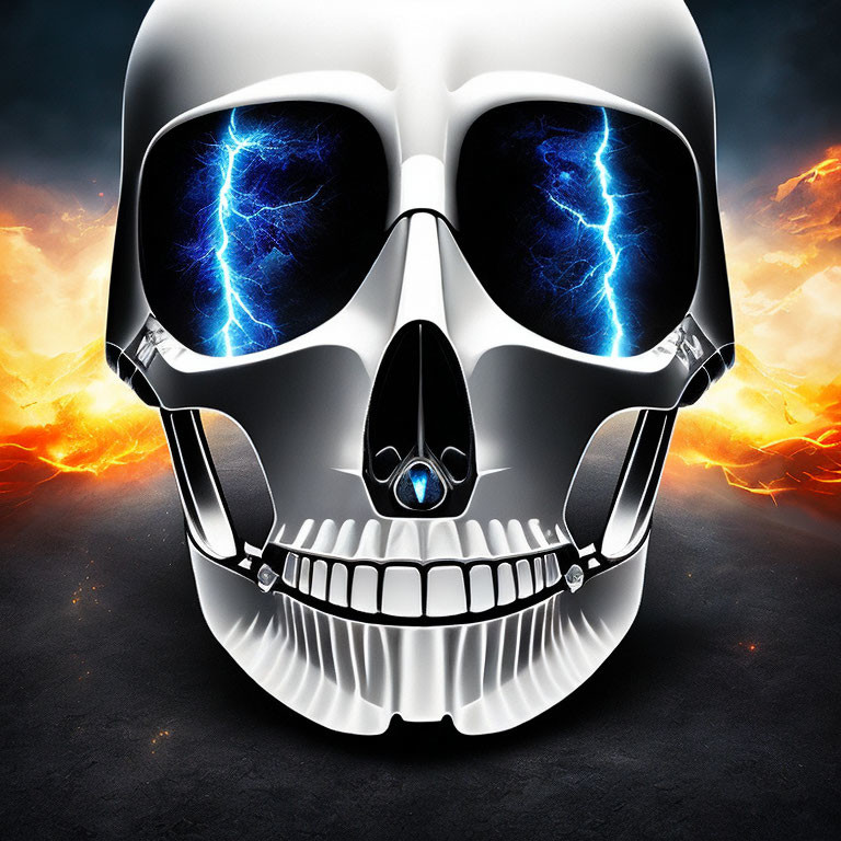 Stylized skull with glowing blue eyes and lightning against fiery sky