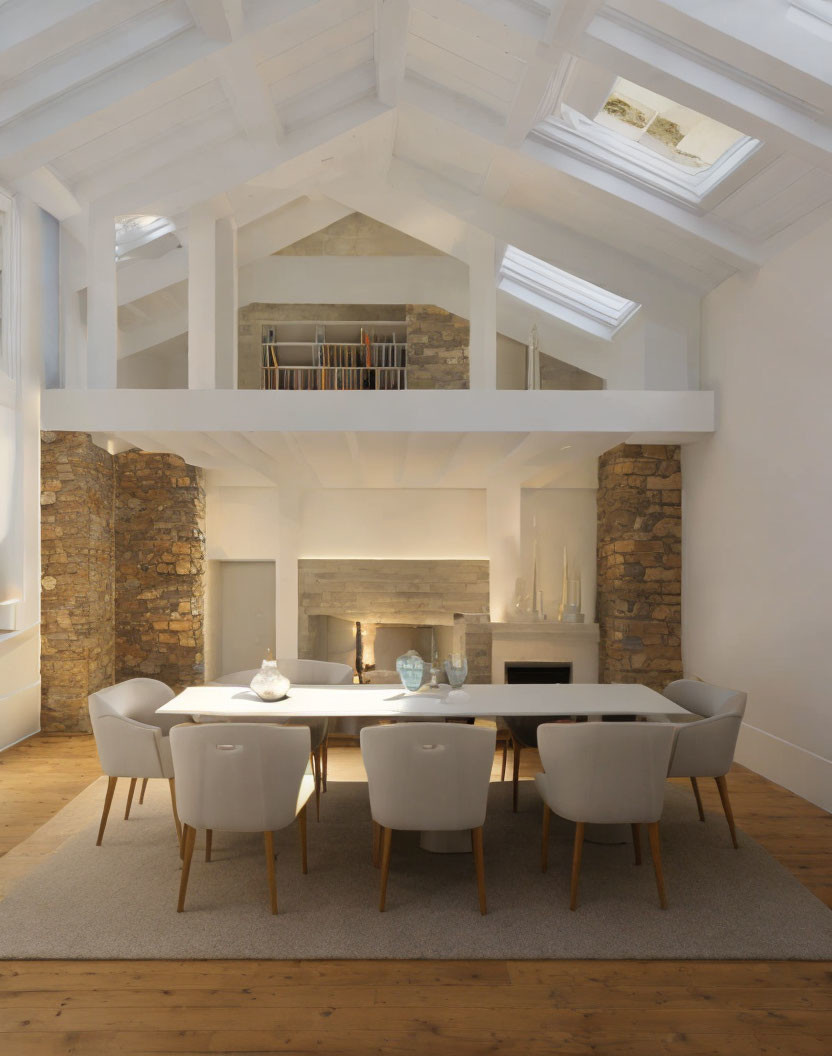 Contemporary Loft Dining Area with Exposed Brick Walls & Skylights