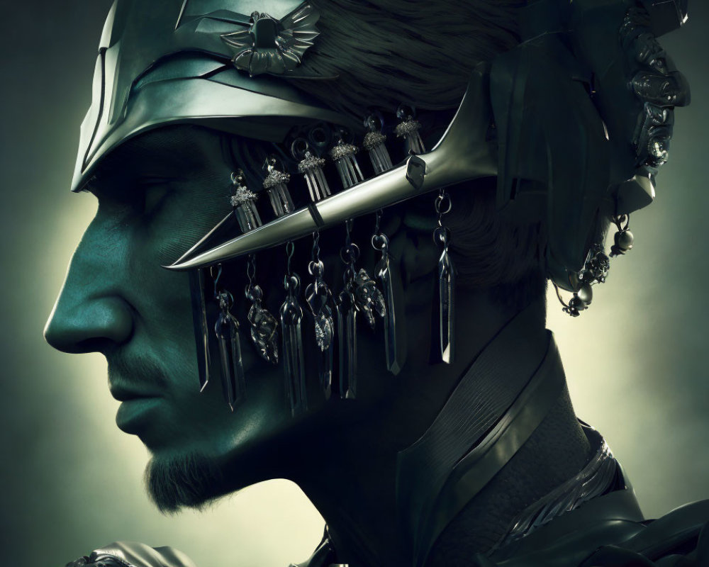 Profile view of person in intricate fantasy armor with detailed helmet and feather adornments