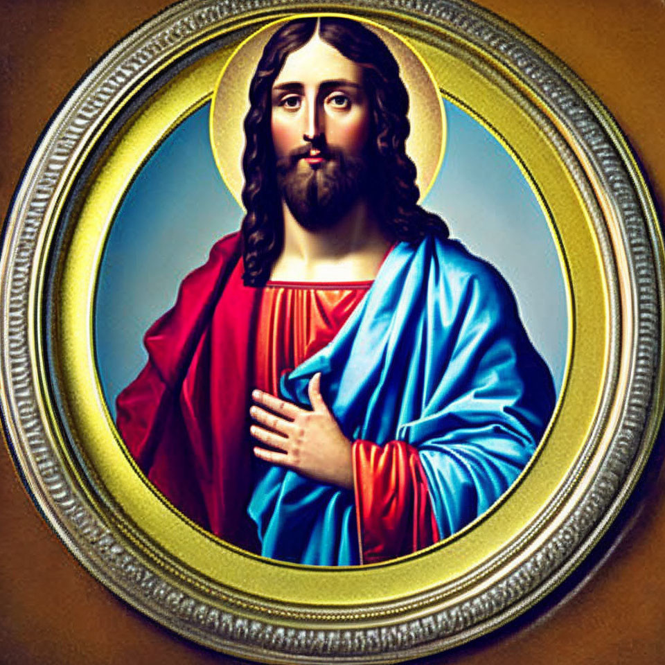 Traditional Religious Figure in Red and Blue Robes in Ornate Gold Frame