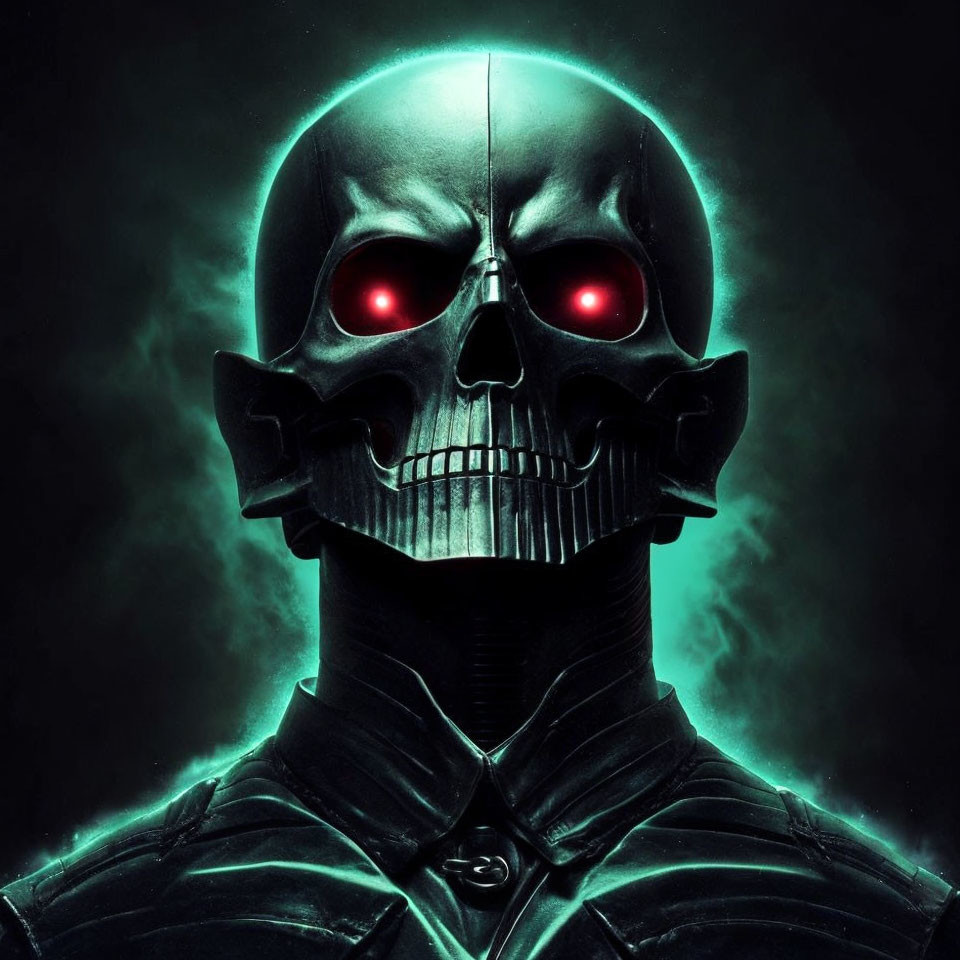 Metallic robot skull with glowing red eyes on dark green background