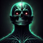 Metallic robot skull with glowing red eyes on dark green background