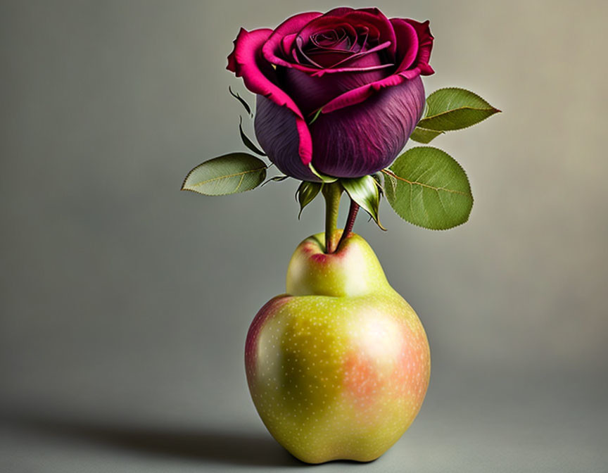 Red Rose and Apple Still Life on Neutral Background