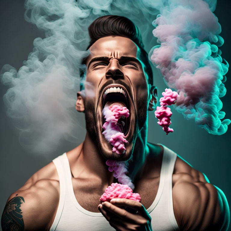 Man in white tank top exhales colorful smoke with pained expression on dark background