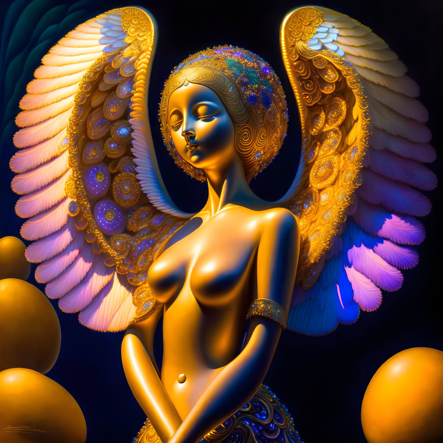 Golden humanoid figure with wings and halo in surreal setting.
