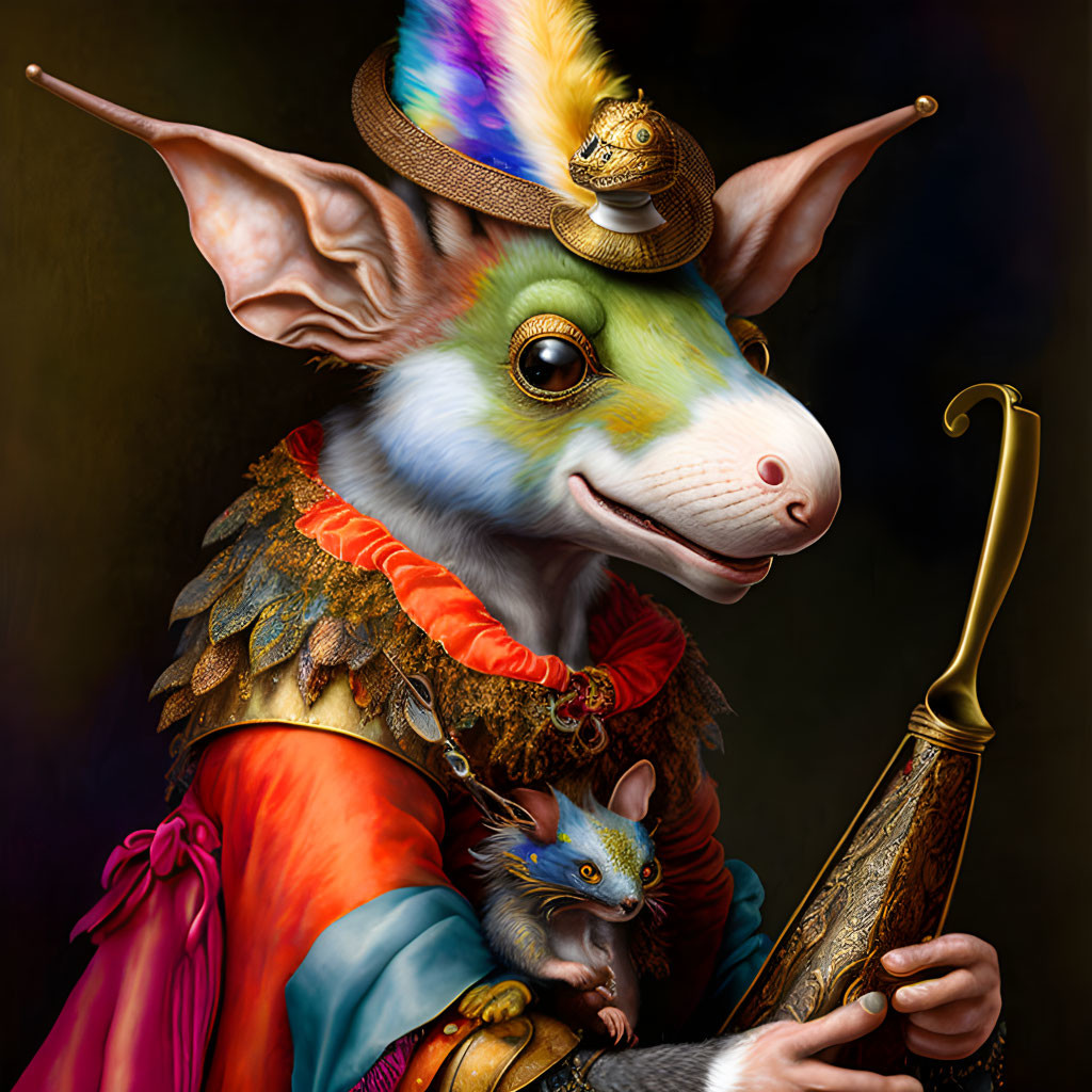 Whimsical anthropomorphized mouse in renaissance attire with dragon companion