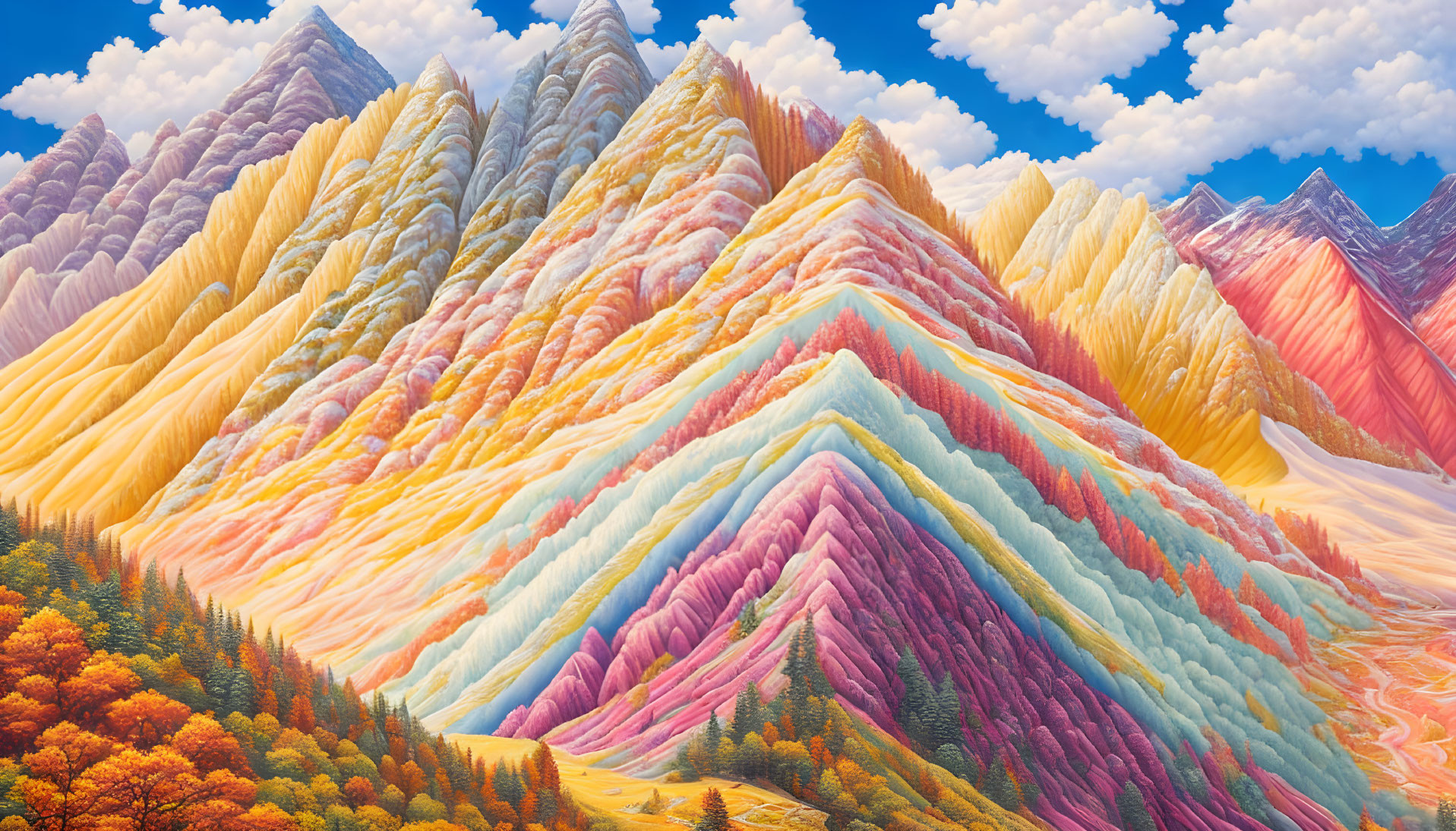 Colorful layered mountain illustration with clear sky background