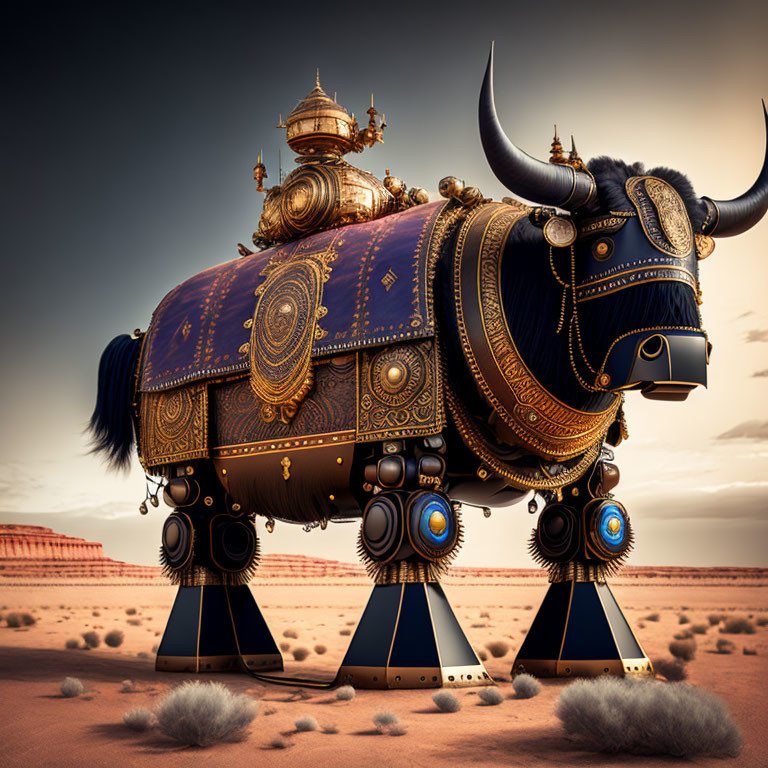 Steampunk-style mechanical bull in desert with ornate decorations