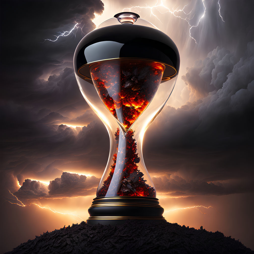 Artistic Hourglass with Stormy Sky and Fiery Volcanic Eruption Scene